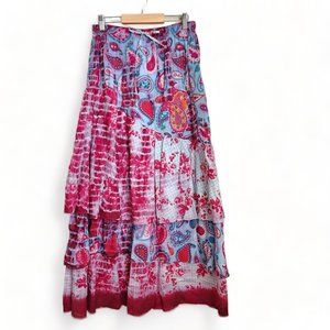 Paisley tiered pink blue dye Maxi Skirt mixed print patchwork